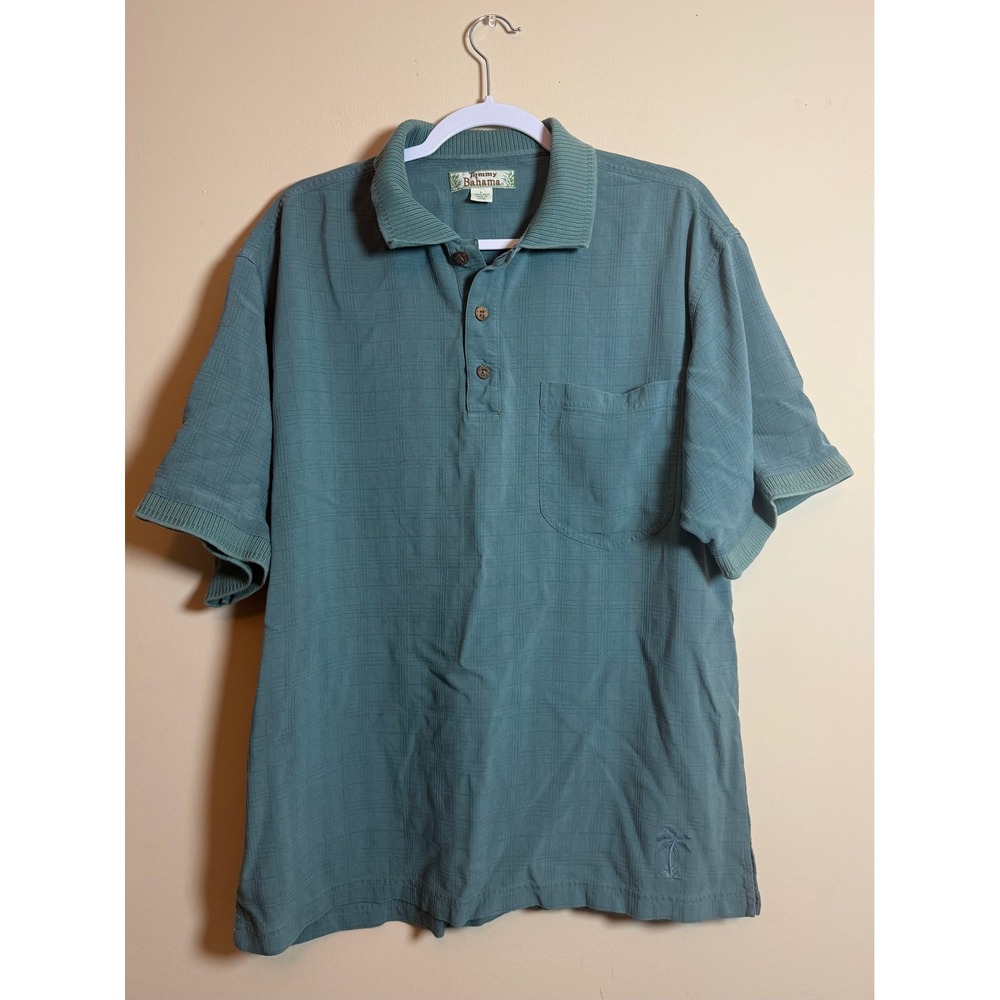VTG Tommy Bahama Mens L 100% Silk Polo Shirt Sage Green Textured Short Sleeve